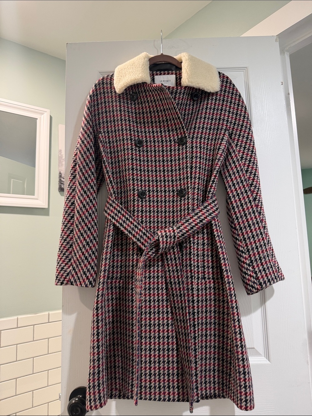 LK Bennett-London , Mali Coat Red and Black Wool with Cream Collar - Picture 2 of 16